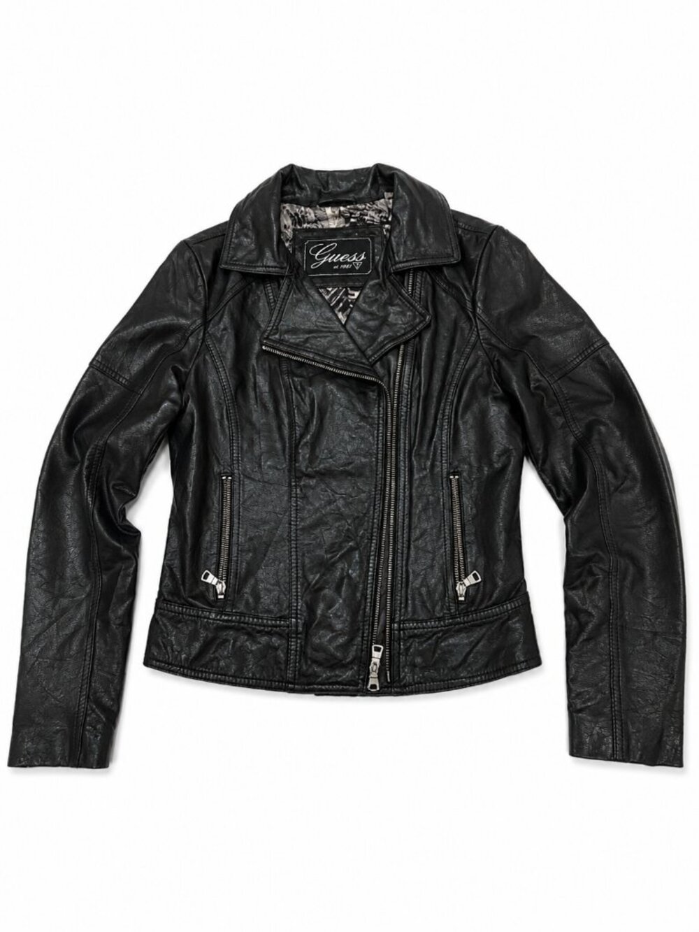 Guess Black Leather Moto Jacket Womens Medium Biker Asymmetrical Zip - Picture 3 of 11